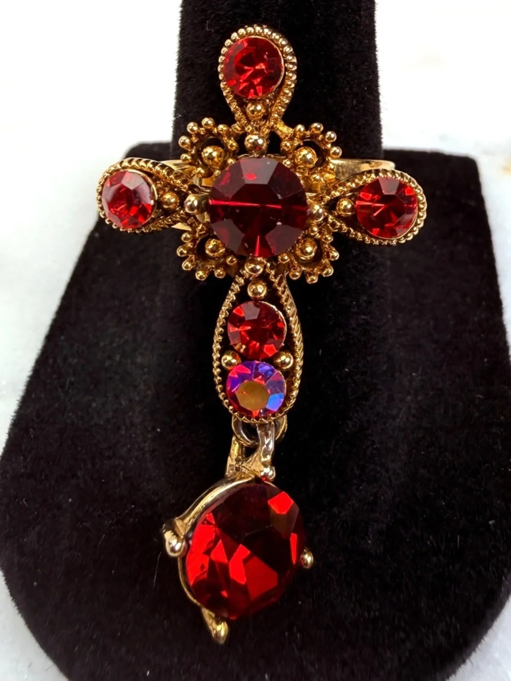 Goldtone, red bling, cross, charm, dangle adjustable costume ring